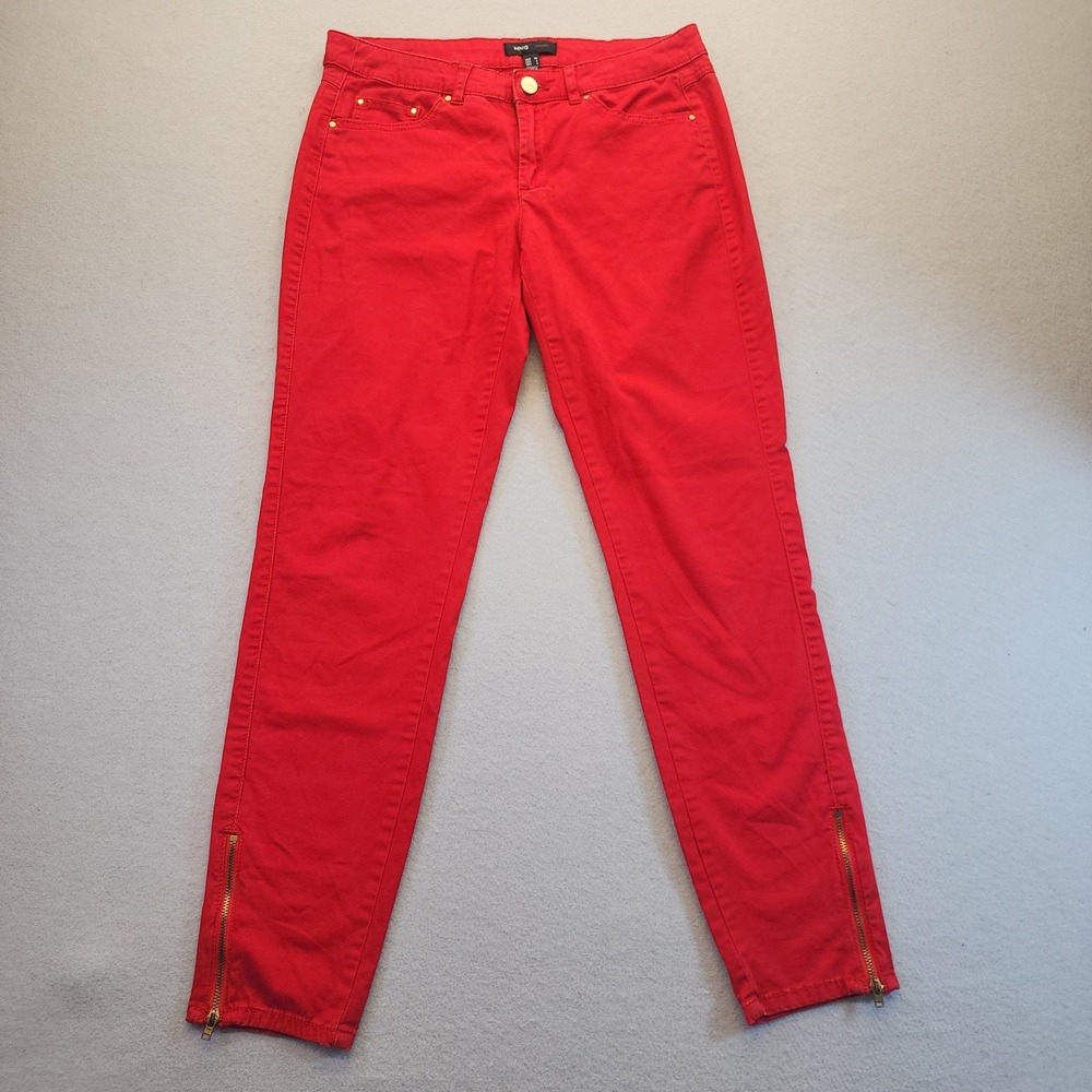 MNG Mango Red Skinny Jeans Women Size 4 Gold Ankle Zip Casual Bold Vibrant Pants